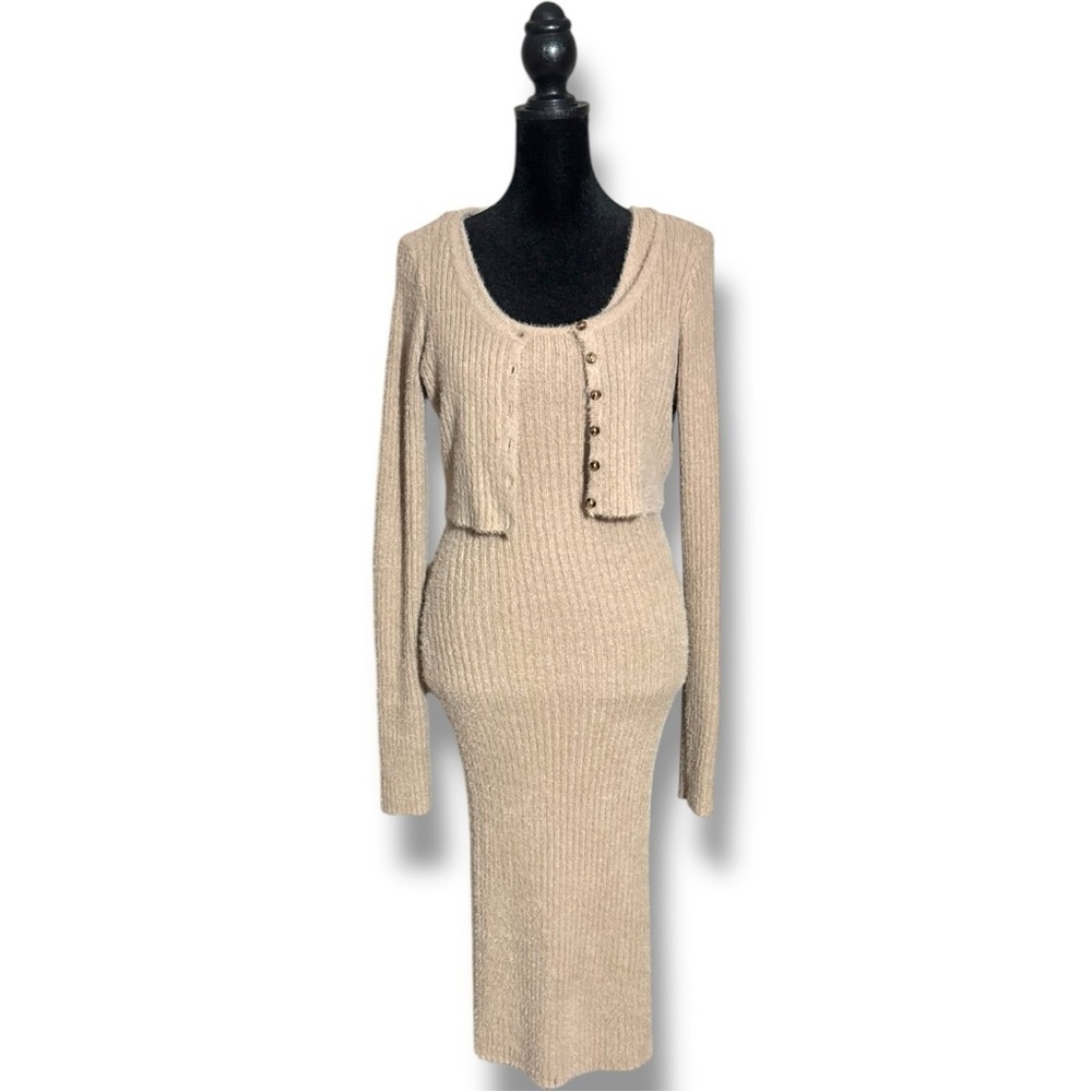 Sincerely Jules Tan Ribbed Midi Sleeveless Dress and Crop Button Up Cardigan Set